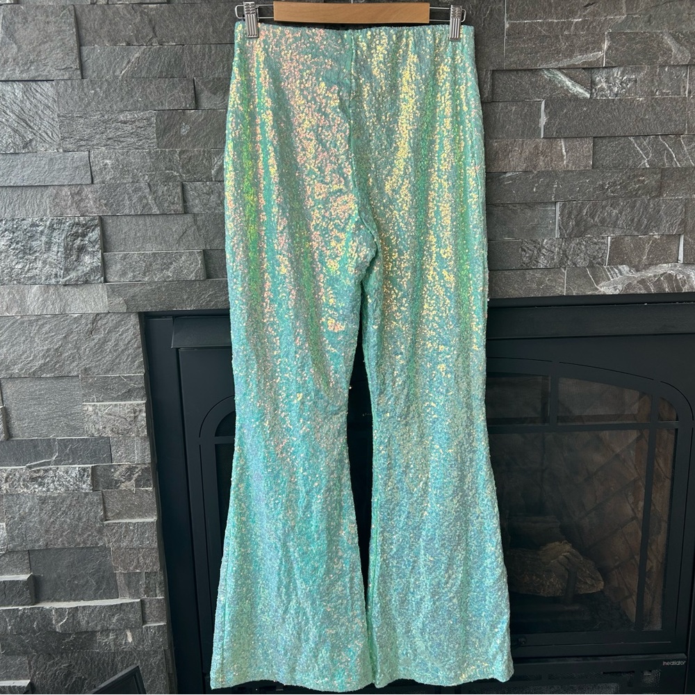 Blackmilk Iridescent Aqua Sequin Flare Pants - Picture 3 of 8